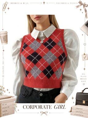 Preppy Plaid Knitted Sweater Vest V-Neck Sleeveless Crop Tank Top